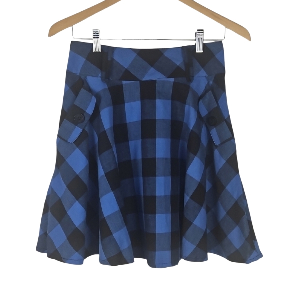Plaid Skater Skirt Pockets and Belt Loops Blue Black Colors Preppy Punk Womens S